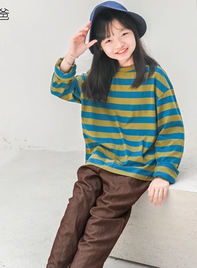 蔡爸爸童装新品春装男女大童百搭条纹t恤长袖蓝色宽松打底577+938