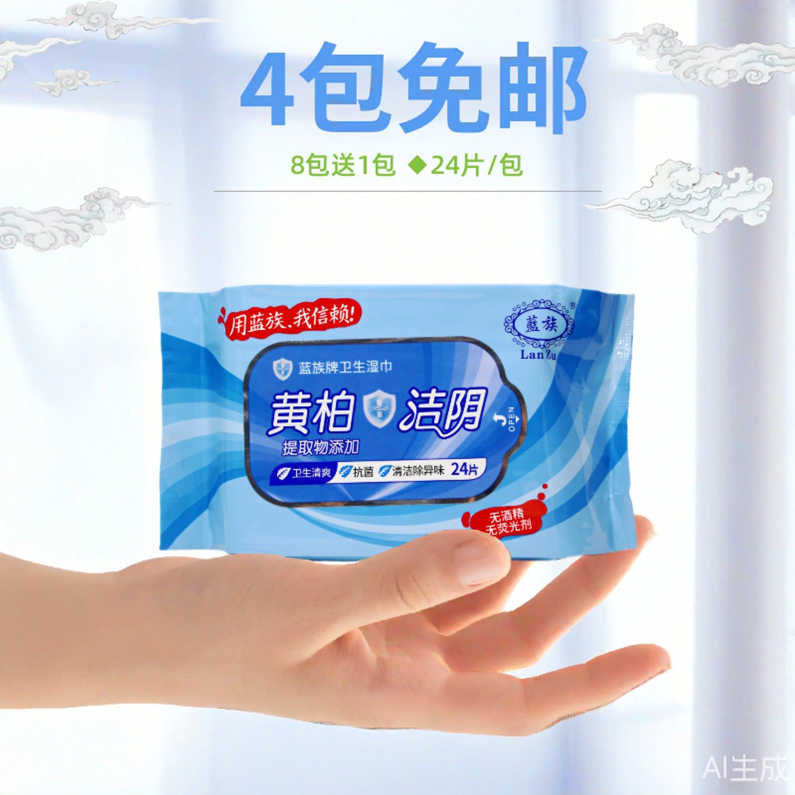 4包免邮 蓝族卫生湿巾黄柏洁阴护阴弱酸性私处护理湿巾24片便携装