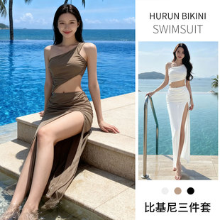 泰国度假小仙女泳衣女款 纯欲风小胸聚拢比基尼三件套性感斜肩长裙