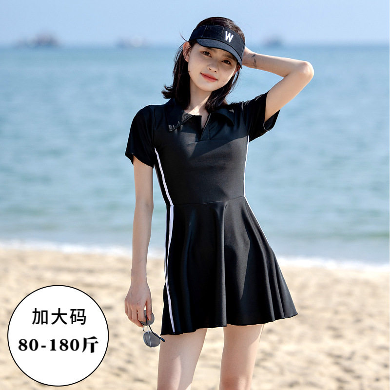 长沙速发新款游泳衣女连体大码胖mm保守遮肚显瘦泡温泉黑色泳装
