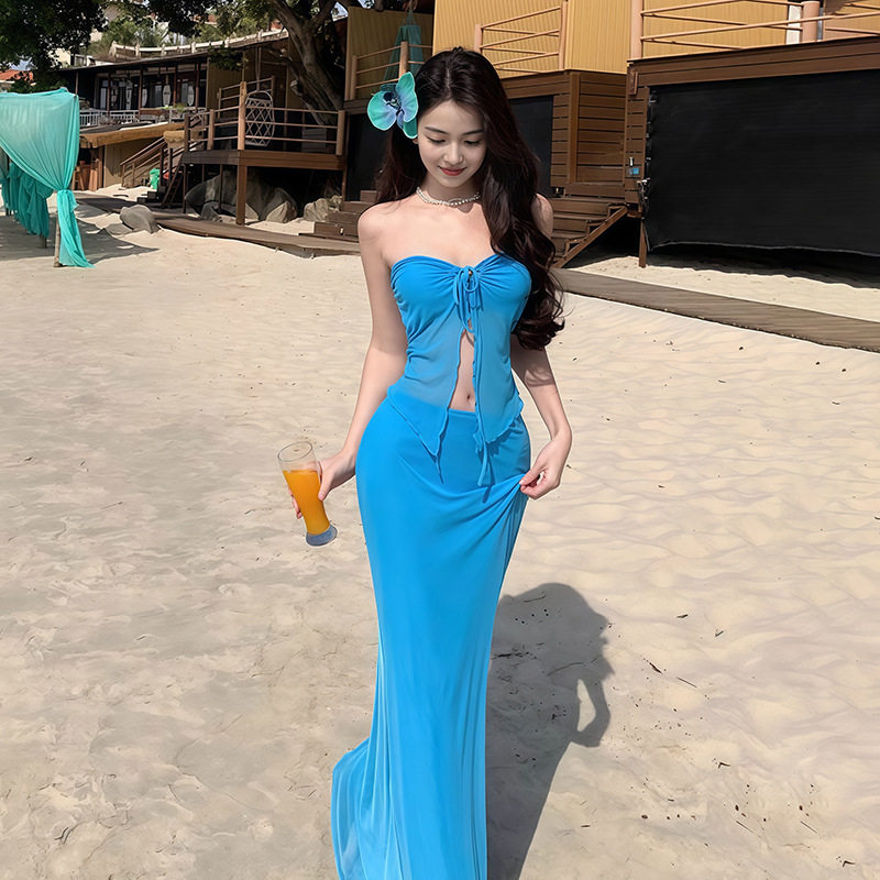 巴厘岛度假新款泳衣女分体比基尼三件套多巴胺性感海边度假长裙