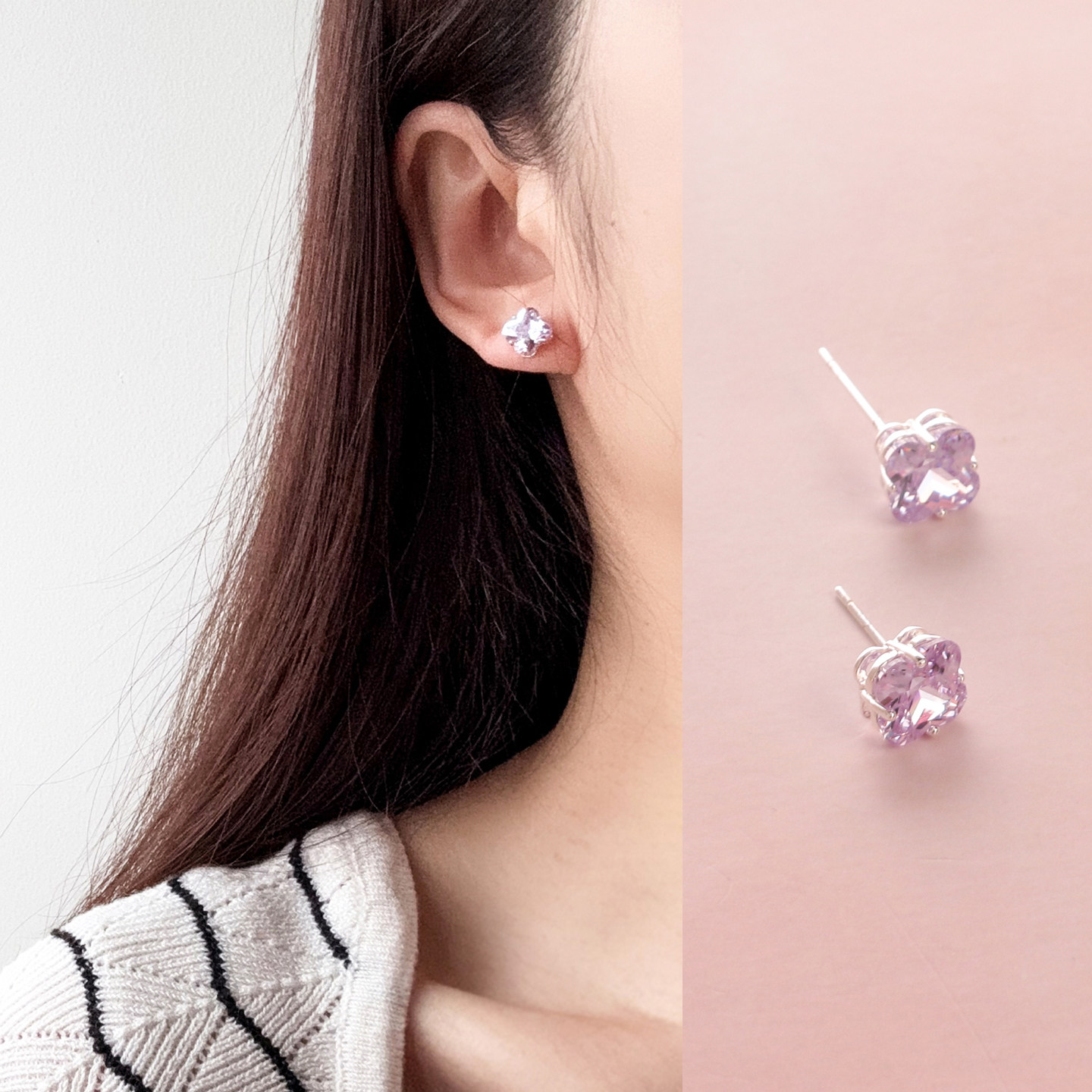 3对包邮s925银针 紫色锆石水钻四叶花小耳钉日系韩版甜美公主精致