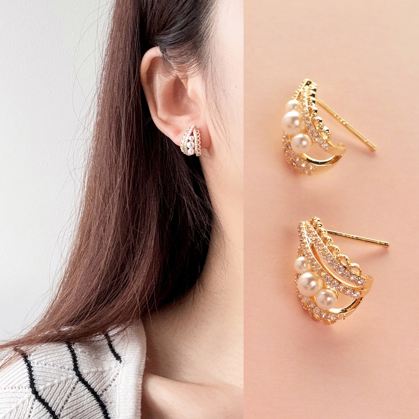3对包邮s925银针 微镶满钻巴洛克珍珠金色耳钉复古宫廷精致韩版