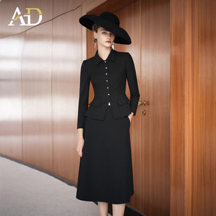2025新款AD黑色银丝细闪西装套装女单排扣名媛风伞裙高级感两件套
