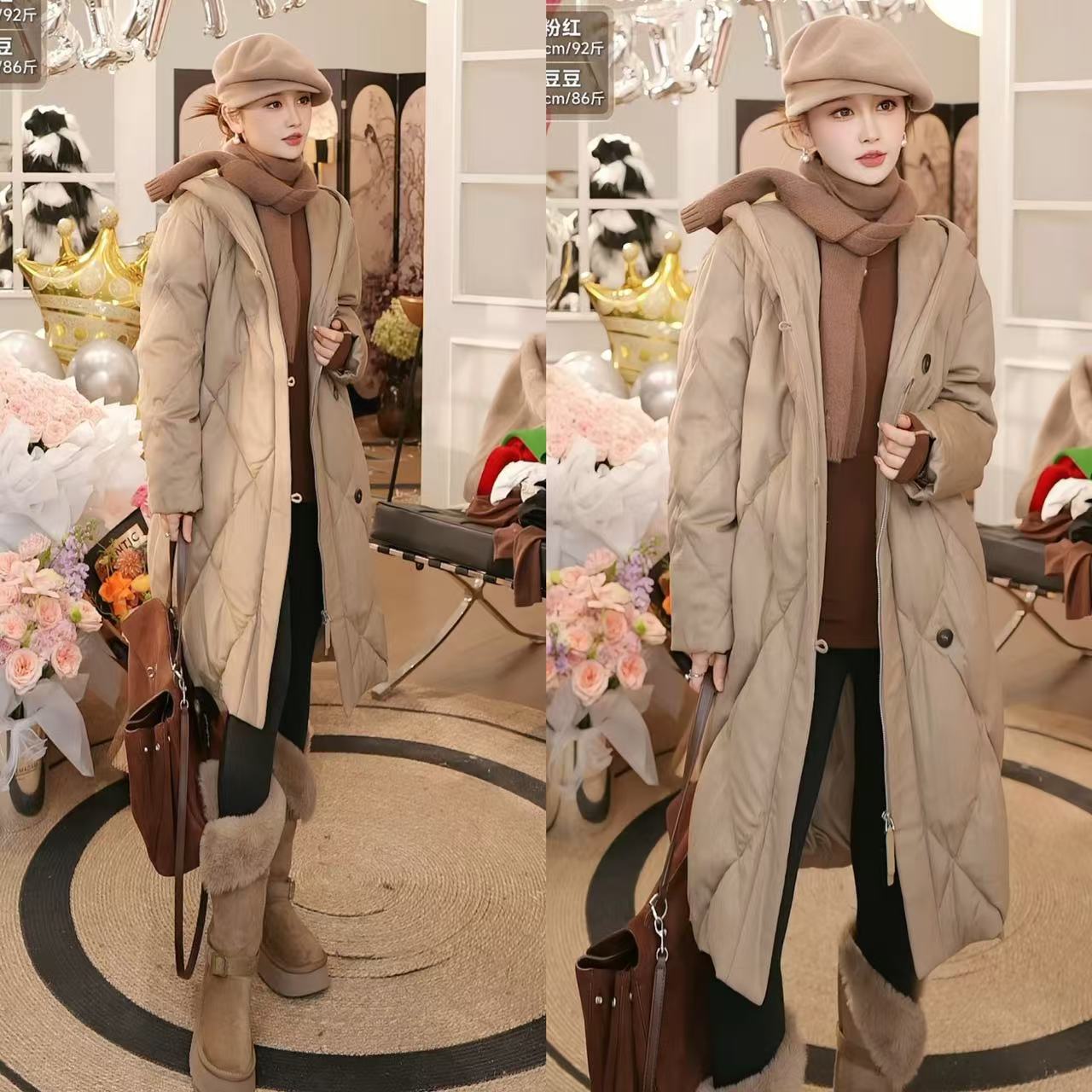 【粉红生日会】SDX轻奢女装连帽长款舒适丝羊毛菱形鹅绒服26130