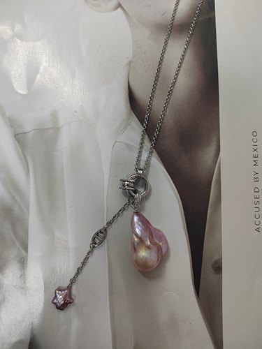 天然淡水巴洛克珍珠吊坠钛钢项链毛衣链福利款