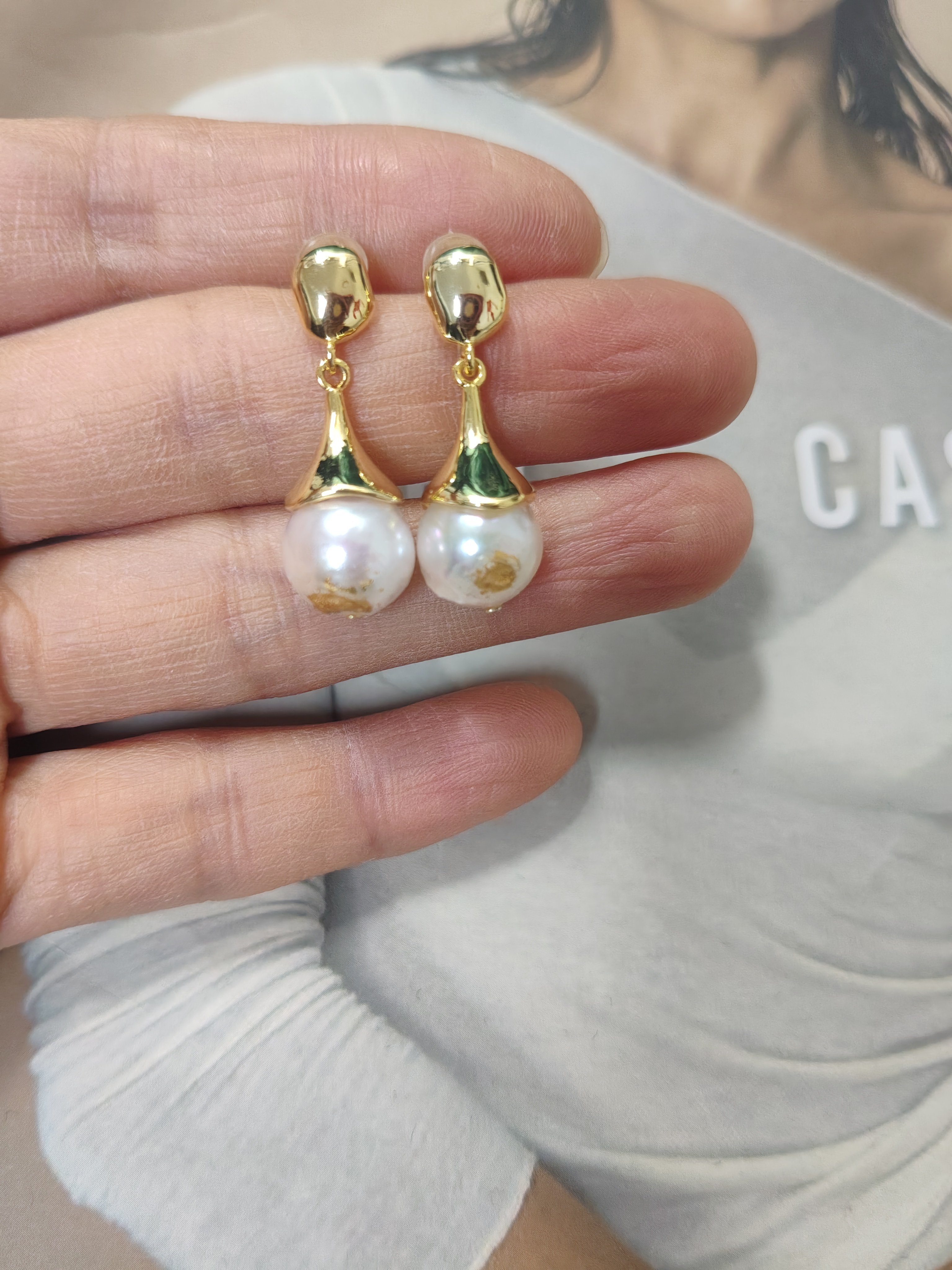 天然海水ak巴洛克珍珠耳环金箔珍珠银针耳坠10-11大点位