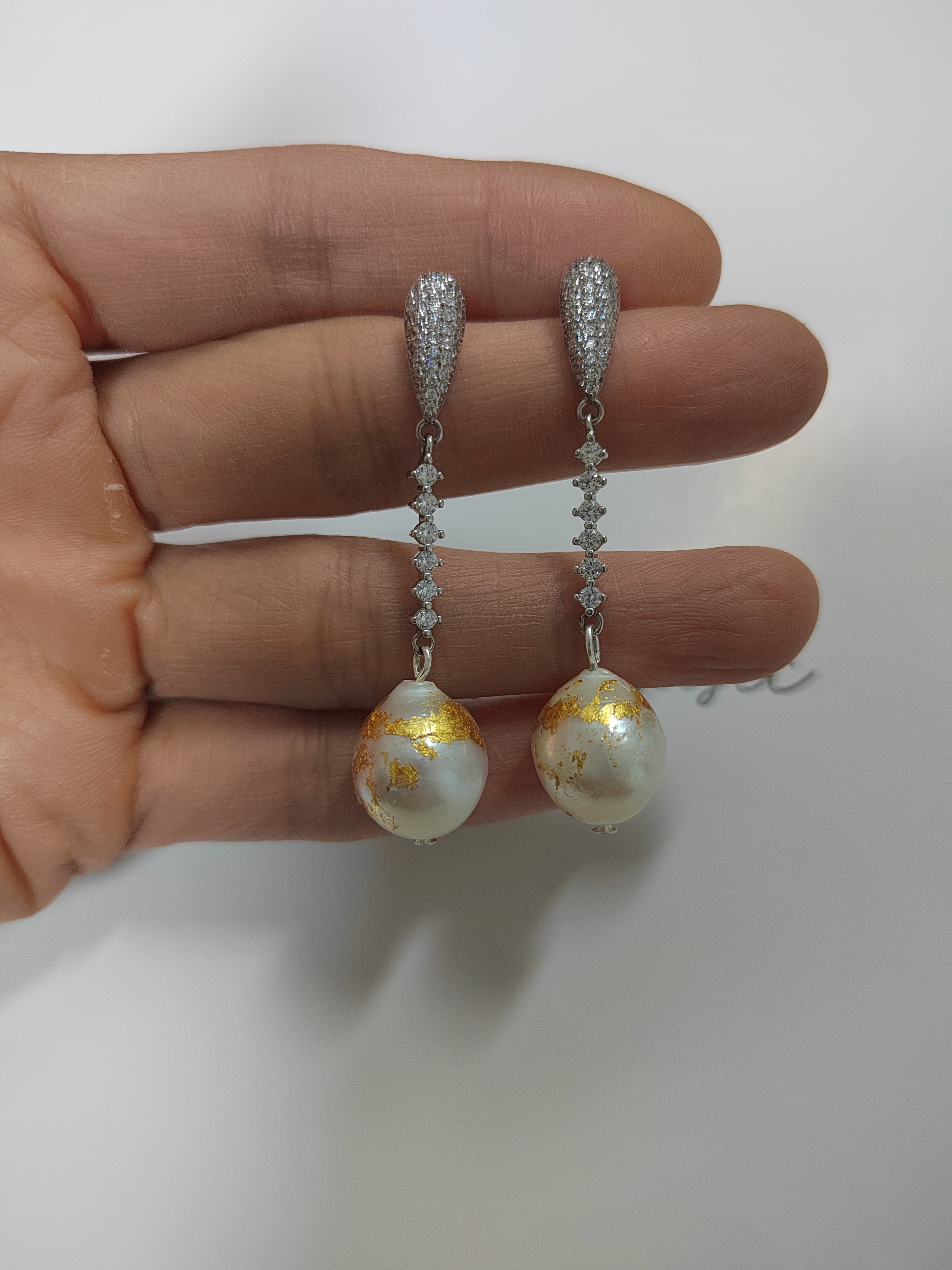 天然海水澳白巴洛克珍珠耳环纯银耳钉金箔款