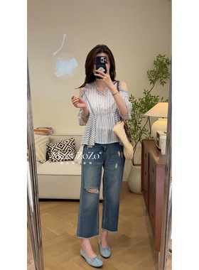 【周周】“小梨涡”夏季韩版洋气露肩薄款娃娃衫衬衫女37132