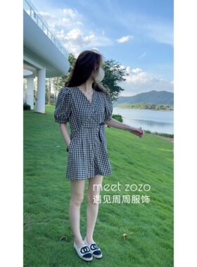【周周】《如画夏天》夏季格子V领连体裤显瘦36033
