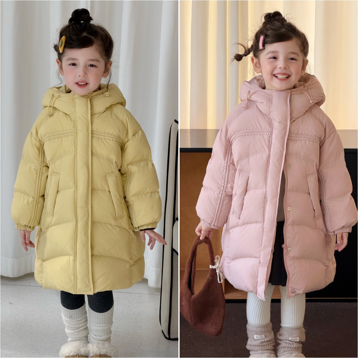女童粉色黄色中长款泡芙羽绒服 儿童90白鸭绒加厚保暖外套 25冬