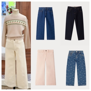 法单~女童两色皮标休闲牛仔长裤 儿童皮粉色米白色裤子 25秋冬裤
