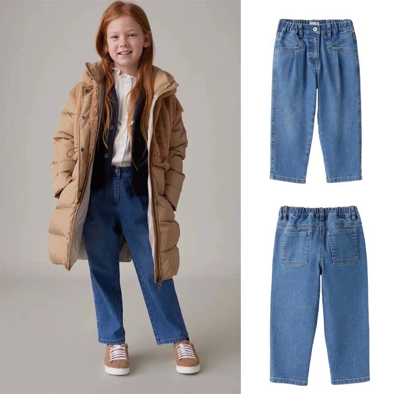 法单 女童秋冬直筒牛仔长裤 儿童休闲纯棉牛仔裤子 松紧腰裤 23新