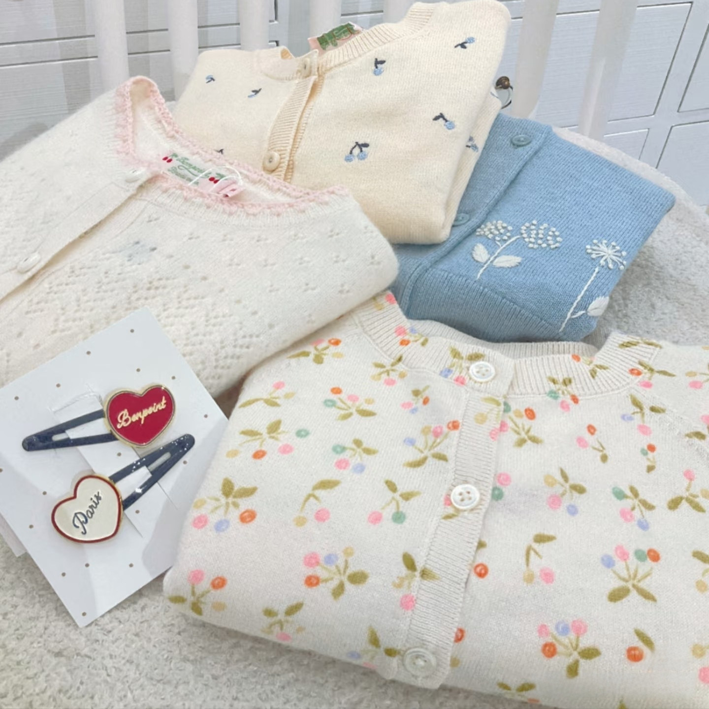 法单~ 女童樱桃绣花针织开衫 儿童碎花轻薄针织衫 春夏棉线上衣