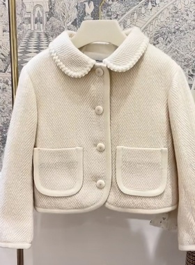 法单~女童羊毛混纺白色短款外套 儿童小樱桃加厚老钱风秋冬外套