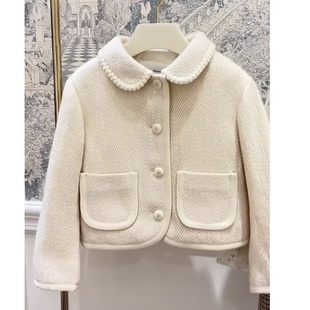 法单~女童羊毛混纺白色短款外套 儿童小樱桃加厚老钱风秋冬外套