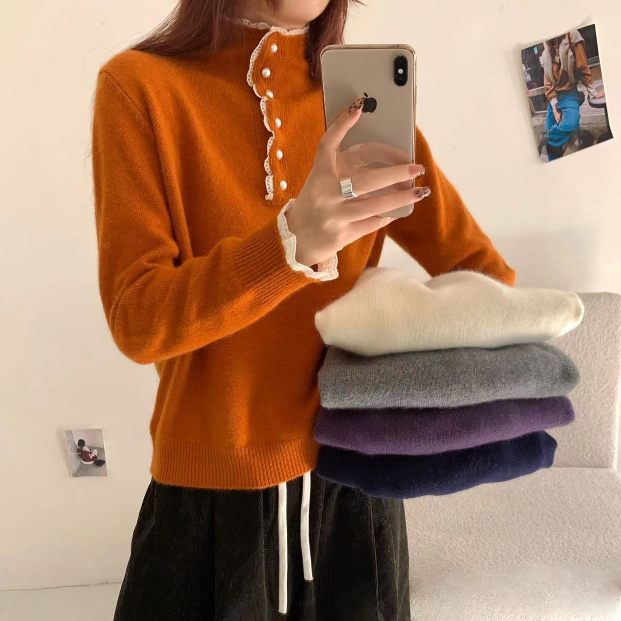 温柔拼接花边蕾丝领羊毛针织打底衫女 2025秋冬新款内搭洋气毛衣