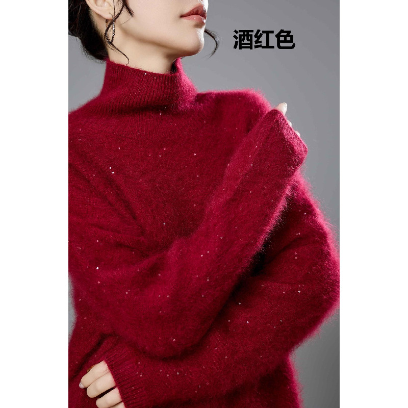 高领珠片厚板山羊绒拉绒羊毛拉毛毛衣140斤内孤品