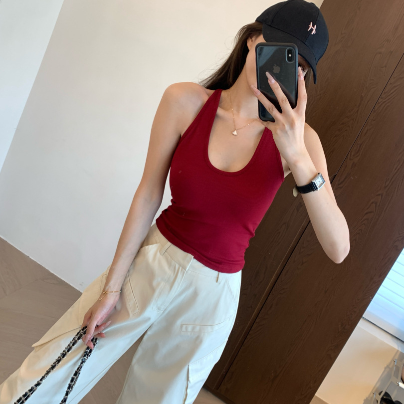 美背挂脖 优质针织棉亲肤超弹坑条一体胸垫托胸大U领背心F091333