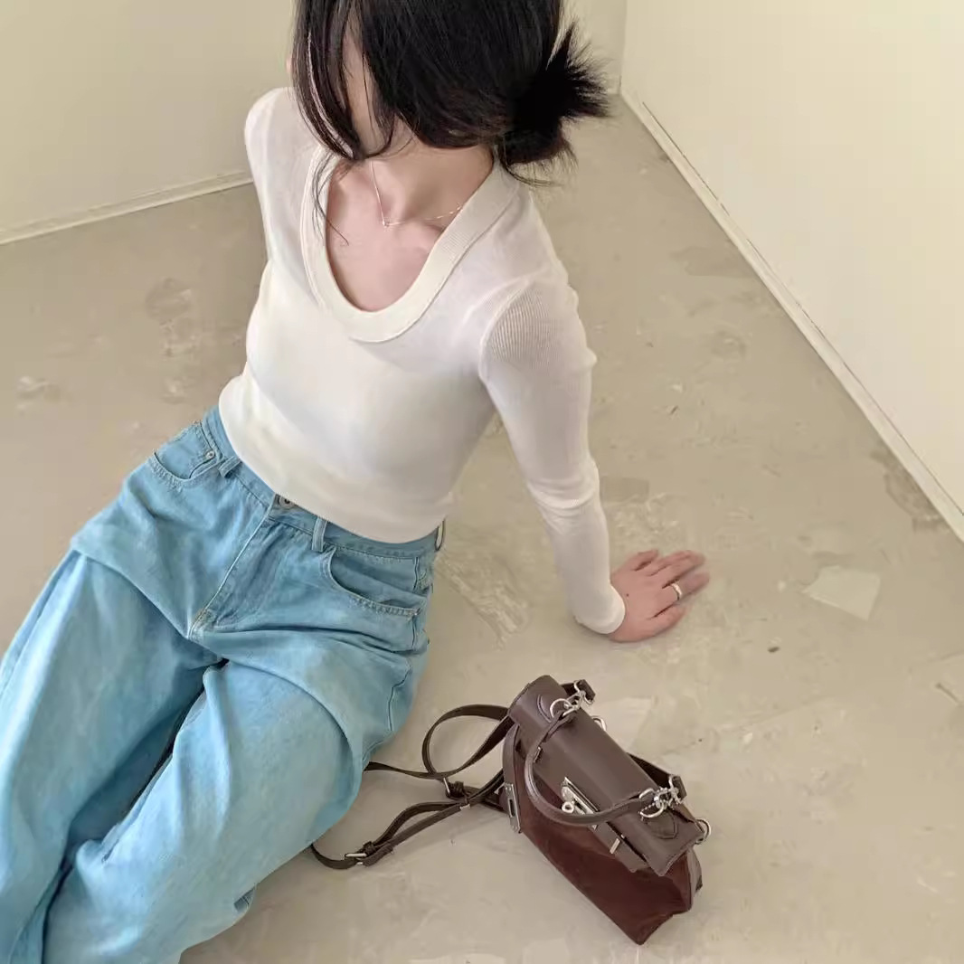 安哥拉红羊毛圆领基础打底衫女U领套头气质显瘦纯色羊毛衫针织