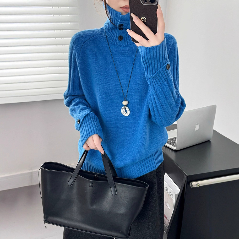 高级感纯羊毛毛衣女秋冬内搭高领针织衫25新款女装蓝色打底上衣厚