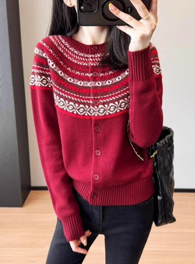 新年圣诞红~复古费尔岛花气质英伦显白提花羊毛毛衣女25冬G112610