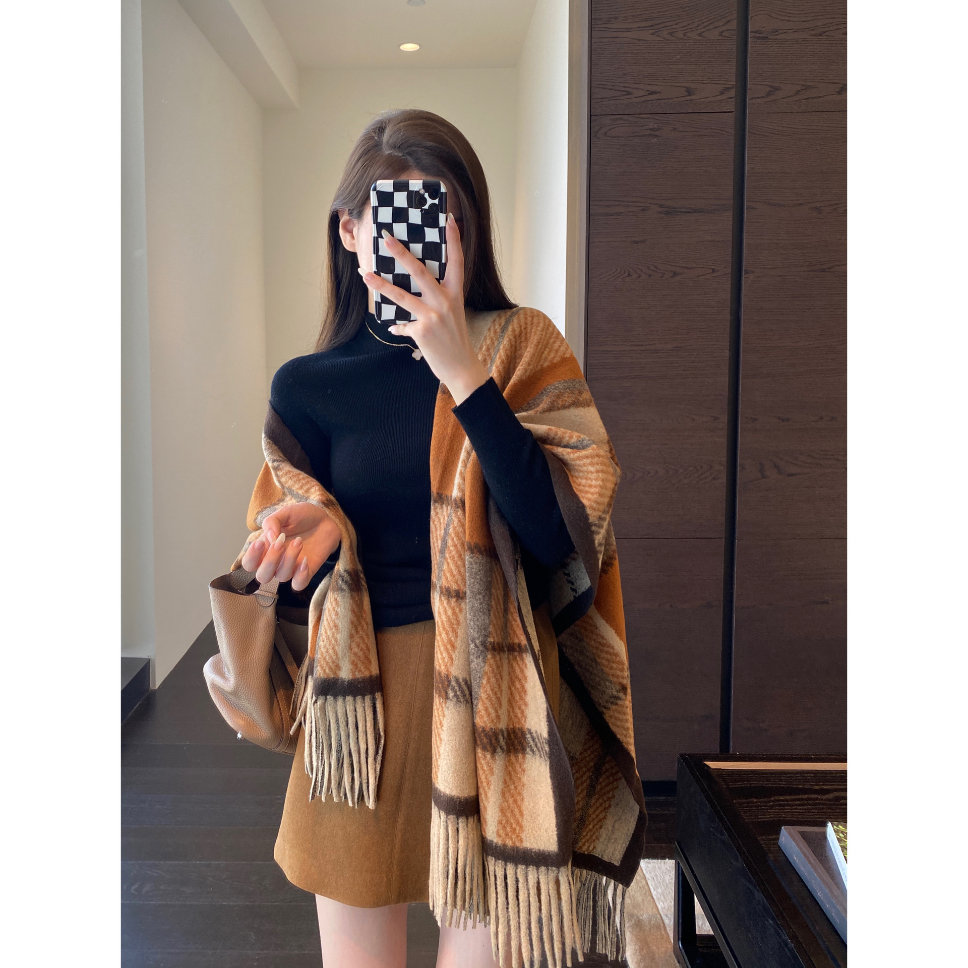 法式流苏斗篷 凹造型保暖格纹披肩厚披肩围巾女秋冬新款G082902