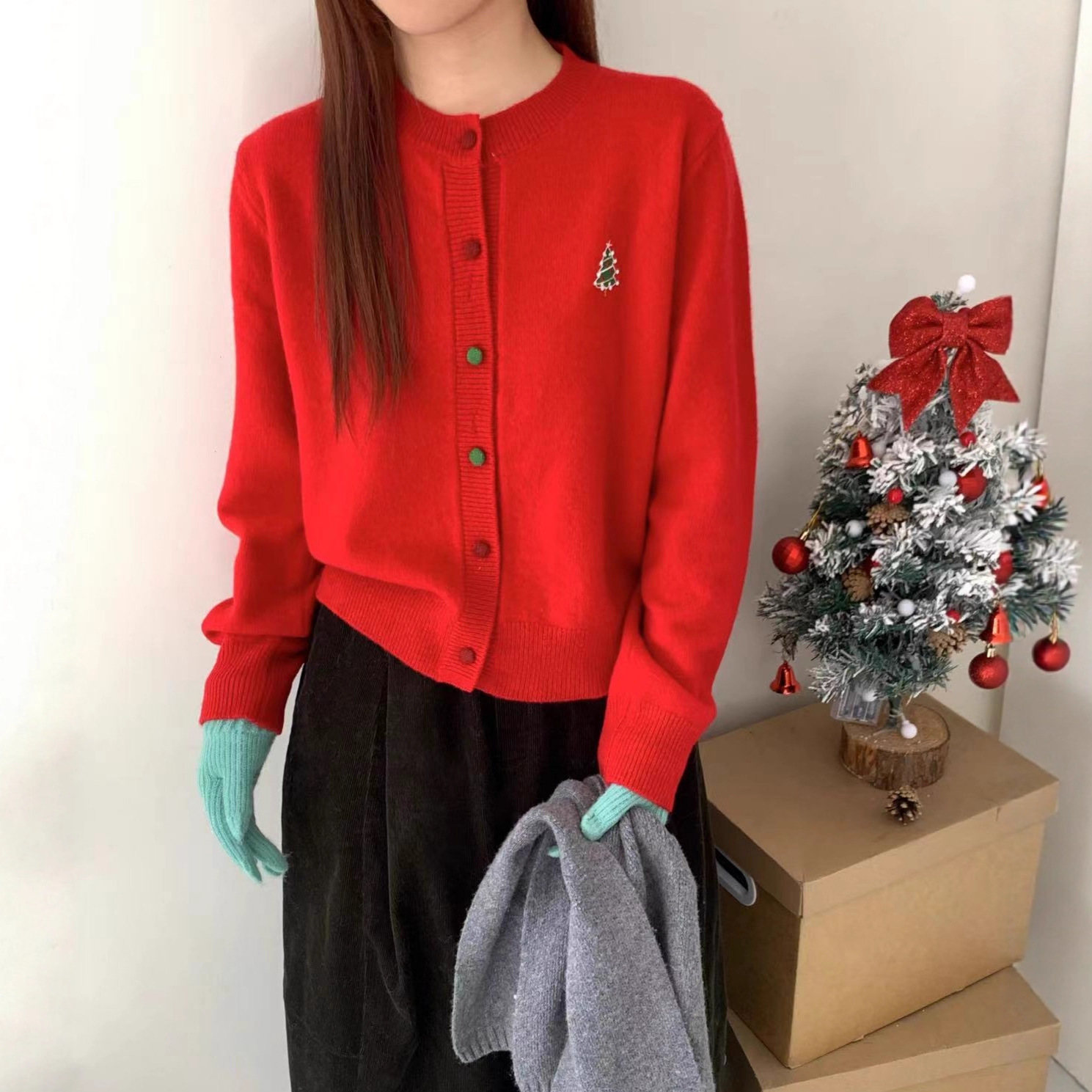 圣诞树氛围感毛衣外套秋冬装新款全羊毛针织开衫简约百搭通勤上衣
