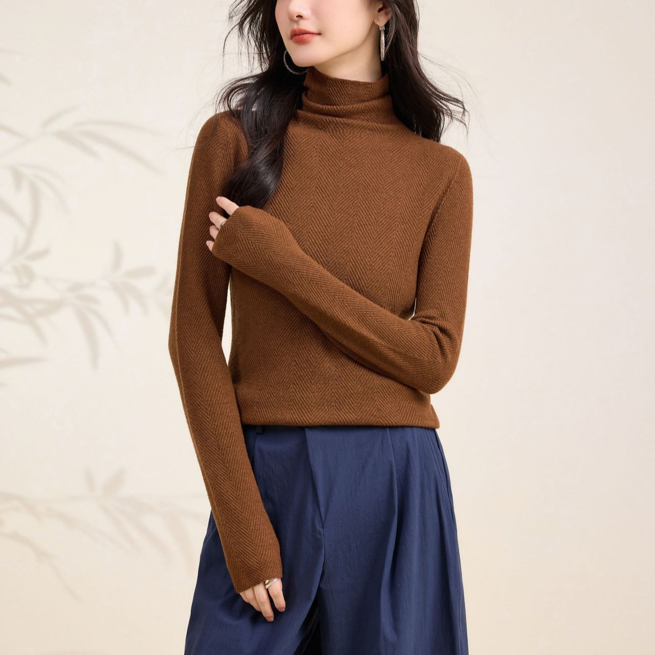 BIELLA德国扬子纱 鱼骨纹高领100羊毛衫女秋冬新款无缝一体针织衫