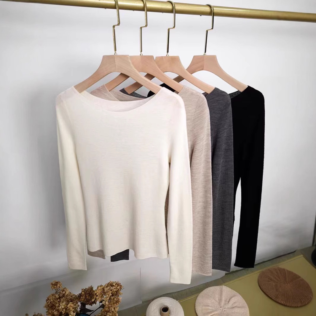 扬子纱可机洗，气质一字领打底衫 18针岛精无缝100羊毛衫针织衫女