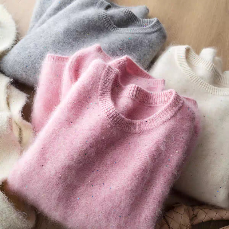 璀璨星空加厚拉绒羊绒羊毛拉毛软糯雾感亮片微闪宽松慵懒针织毛衣