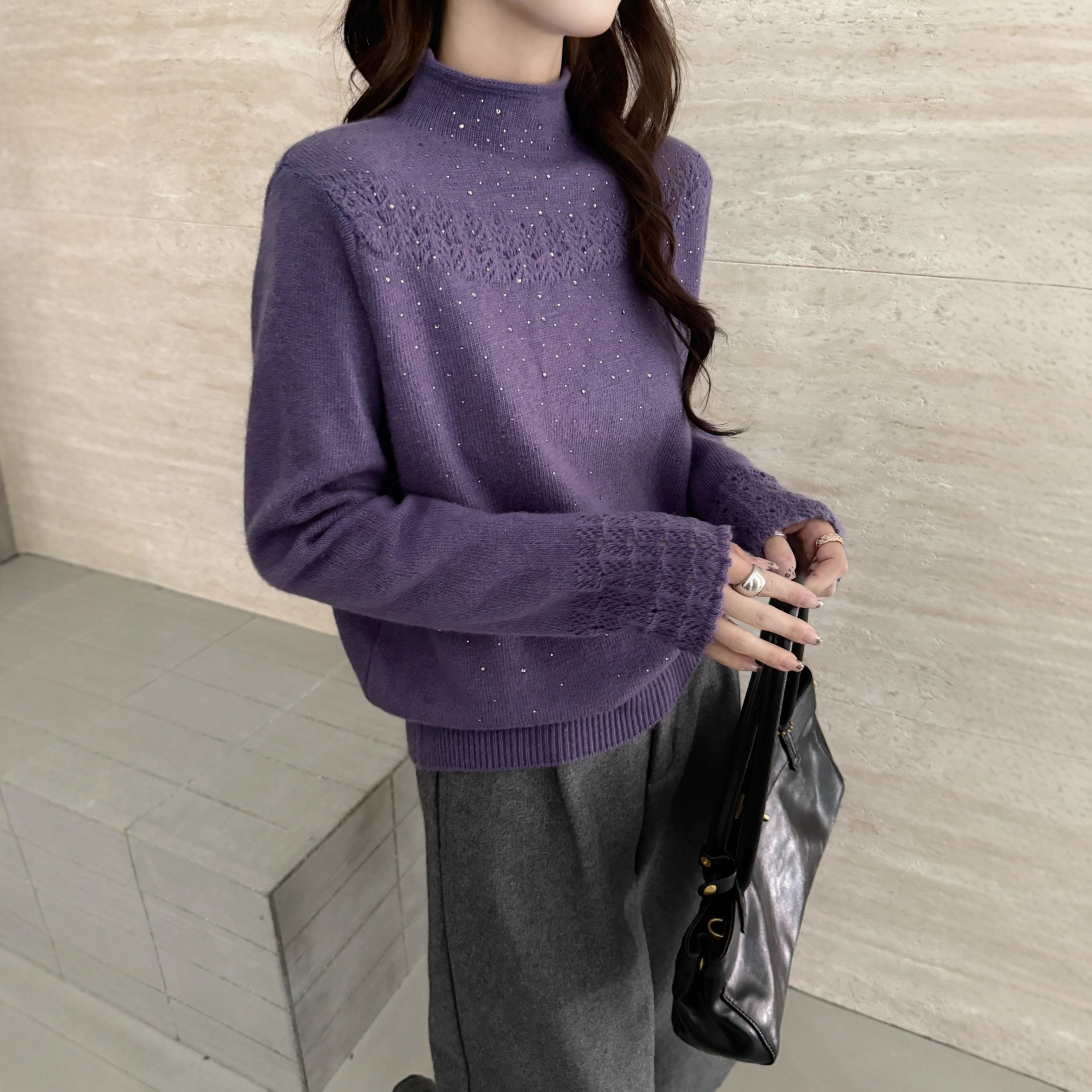 嘉兴濮院2025秋冬季新款蕾丝半高领一排扣开衫打底衫毛衣上衣女装