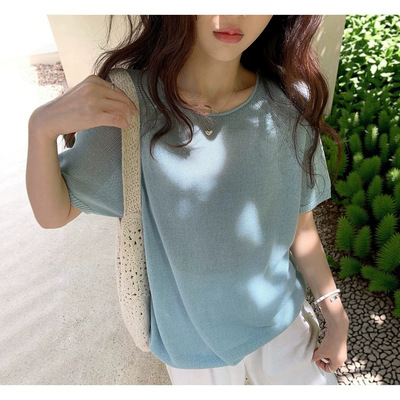 张贝贝ibell和纸纱微镂空卷边罗纹针织短袖上衣圆领时髦显瘦T恤女