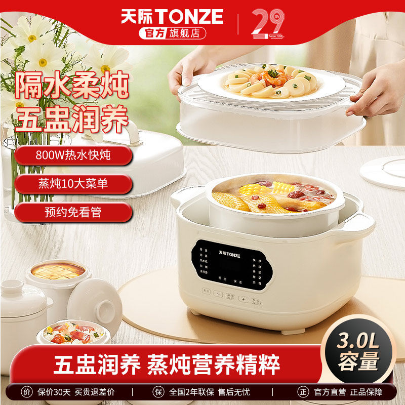 天际电炖炖锅陶瓷电炖盅炖汤煮粥锅隔水炖家用多功能3L大容量