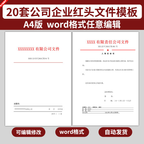 word电子版公司企业红头纸文件格式模板样本岗位职责人事任命通知