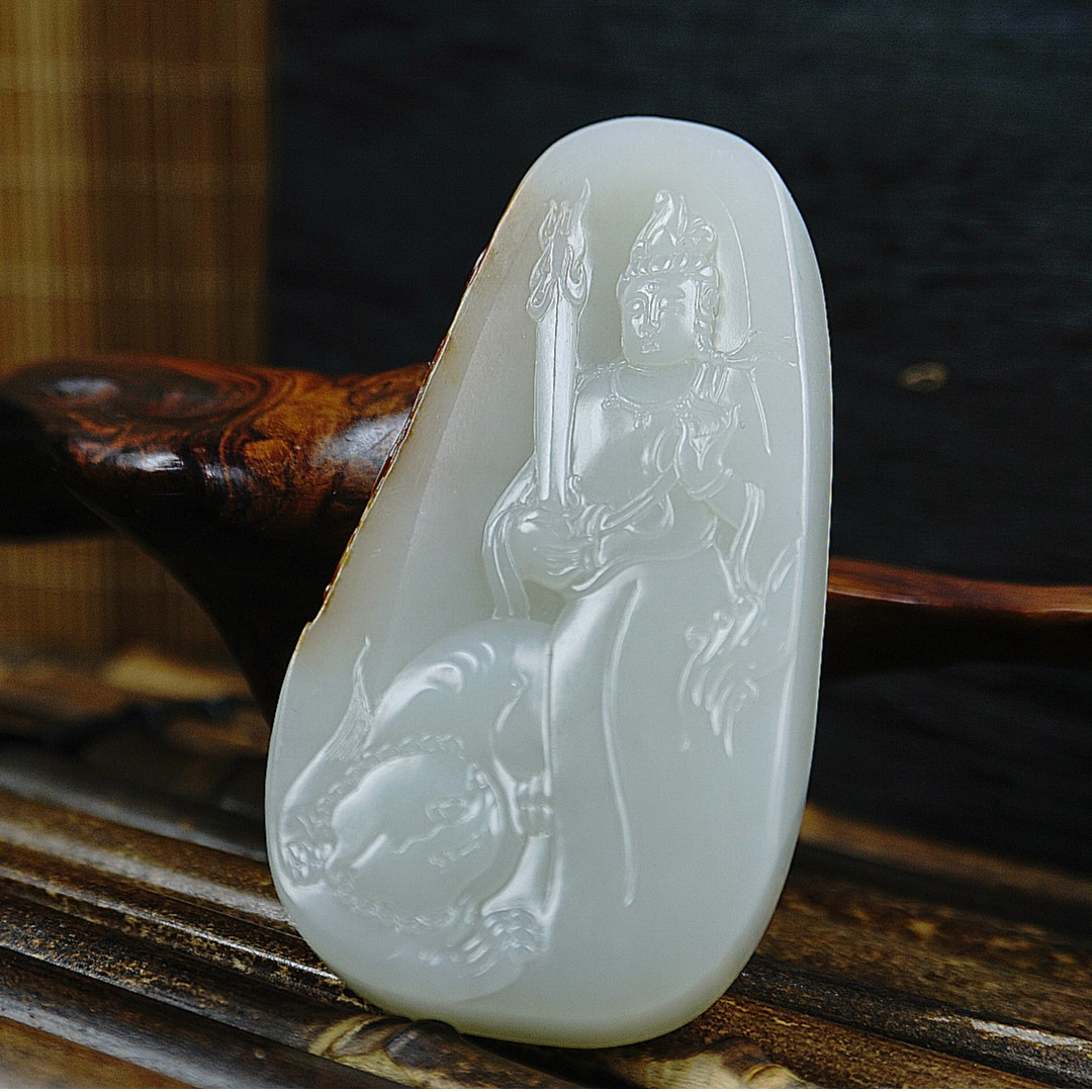 新疆和田玉籽料原石精工雕刻手工红皮白肉文殊菩萨与佛有缘玉石