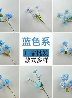 新款婚庆蓝色仿真花材多头玫瑰单支3头牡丹婚礼装饰路引花排插花