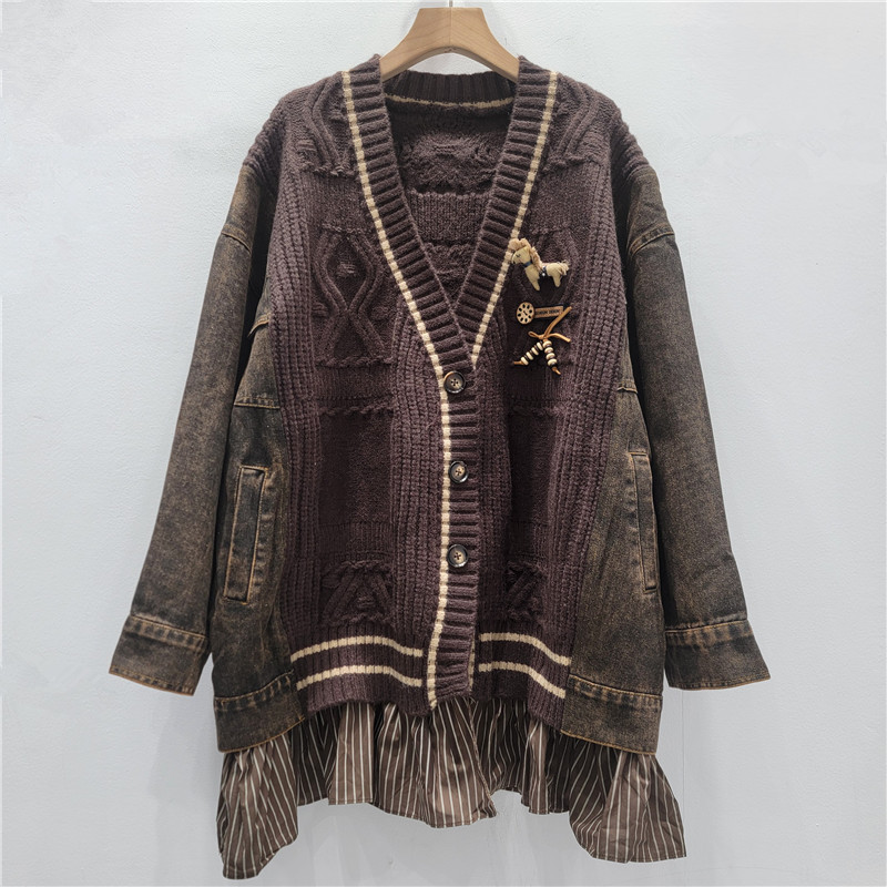 设计感牛仔拼接毛衣开衫女2025新款宽松慵懒风复古撞色上衣外套