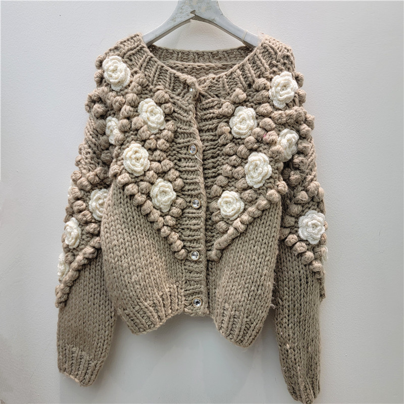 重工棒针粗线全手工手打勾花立体花朵球球针织开衫外套毛衣厚