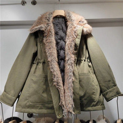 军绿色抽绳收腰中长款工装羽绒棉服女冬季2025年新款保暖派克服