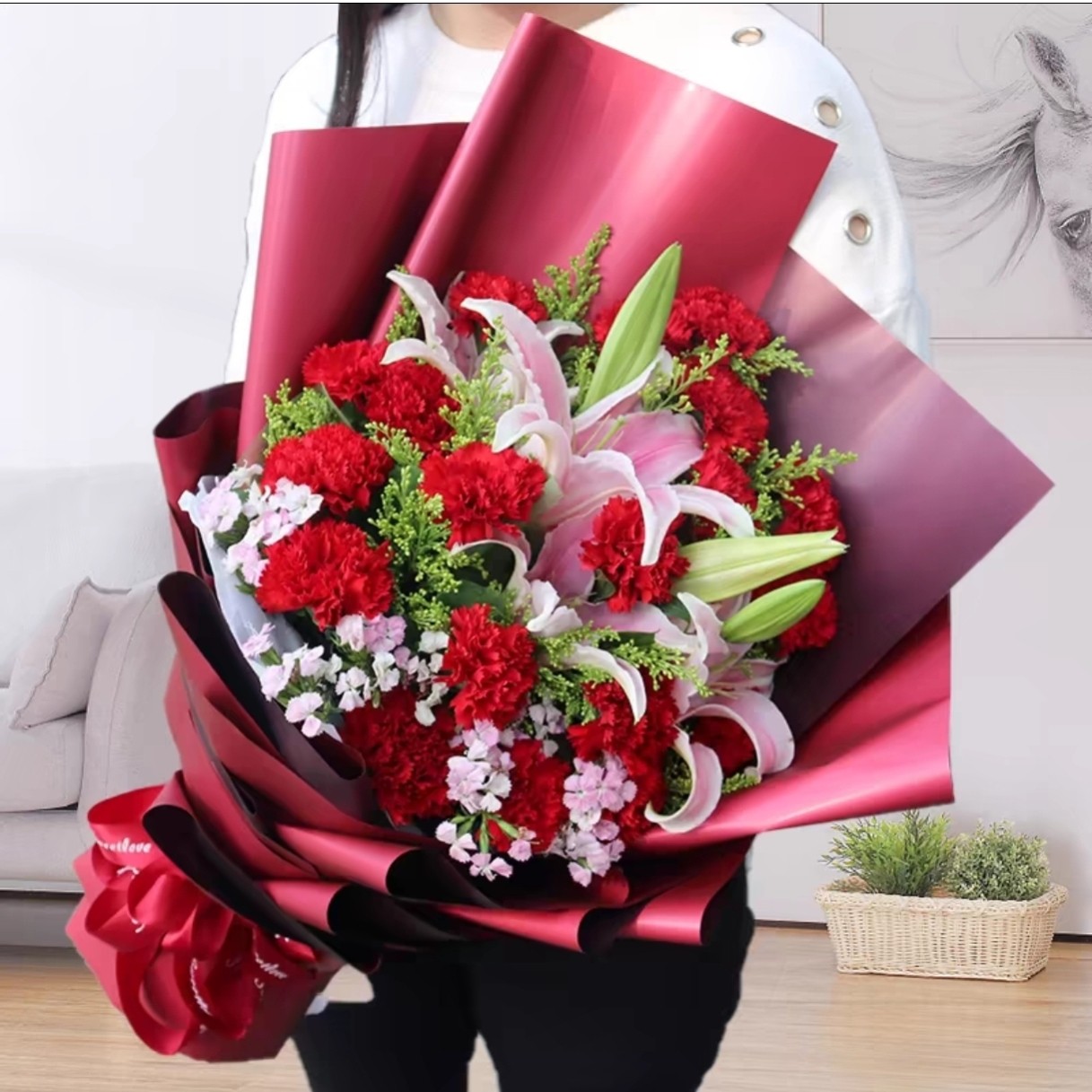 玫瑰红康乃馨鲜花速递同城百合真花束送长辈妈妈生日全国花店配送