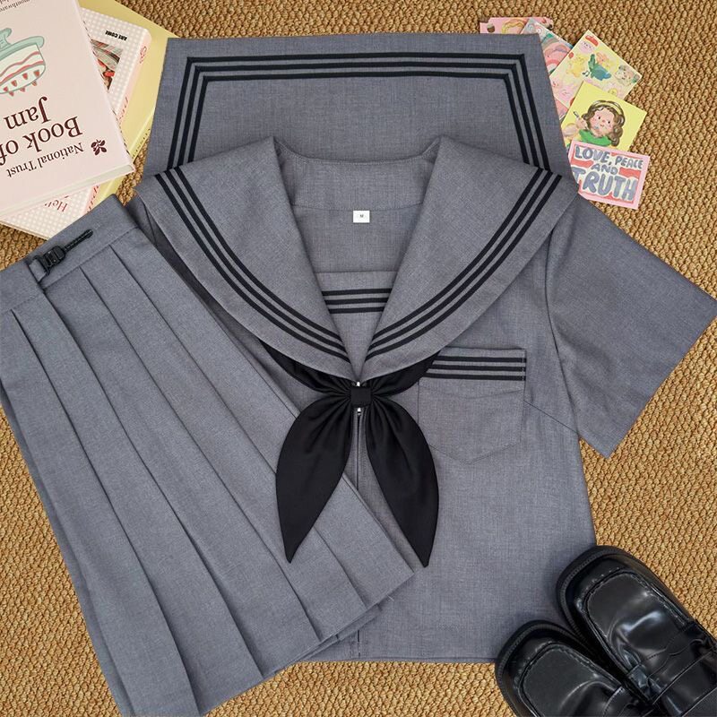 正版原创日系jk制服灰色三本线校供百褶短裙水手服学生校服