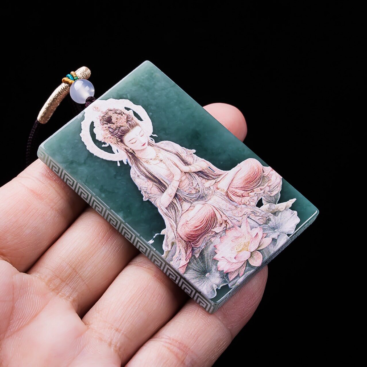 天然A货翡翠观音牌精工超清喷绘高冰种老玉石吊坠挂件玉佩玉坠