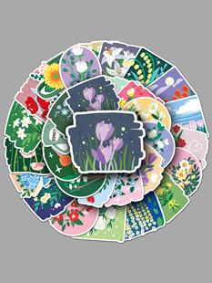 50张原创油画风花卉贴纸卡通植物文艺小清新手账咕卡电脑装饰防水