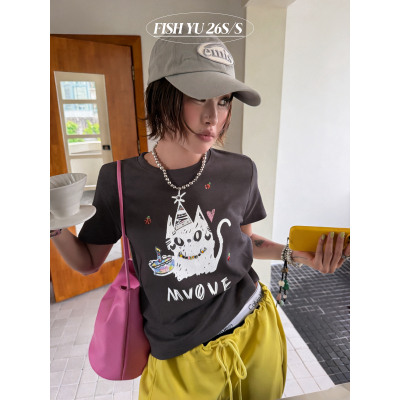 FISH YU -小猫咪白墨印花+串珠小项链设计正肩小版短袖T恤626160