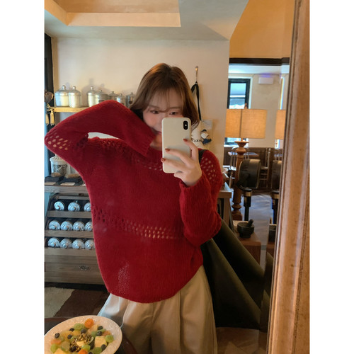 ower April（FA）-款红色镂空长袖圆领软糯休闲显瘦上衣毛衣95018