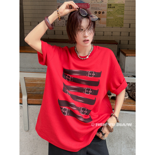 复古辣妹皮带直喷印花宽松圆领双面重磅短袖 式 T恤25615 FISH