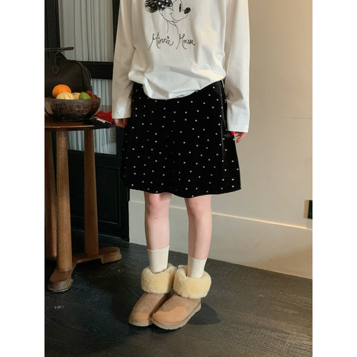 ower April（FA）-波点金丝绒鱼尾短中裙女洋气质a字半身裙180863