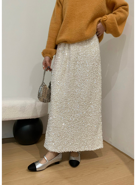 ING-纯色中长款鱼尾裙女秋冬新款后开叉直筒显瘦百搭半身裙16880