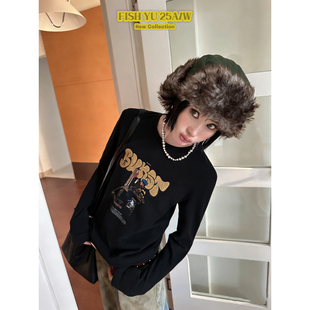 复古绘画BOY字母印花内里抓绒正肩宽松长袖 式 T恤625723 FISH